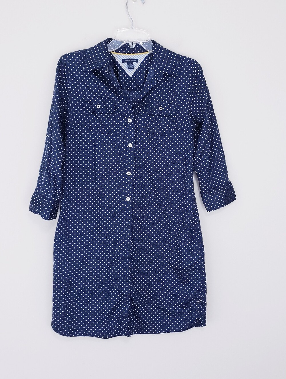 Tommy Hilfiger Navy Blue White Polka Dot Collared Shirt Mini Dress Small Buttons